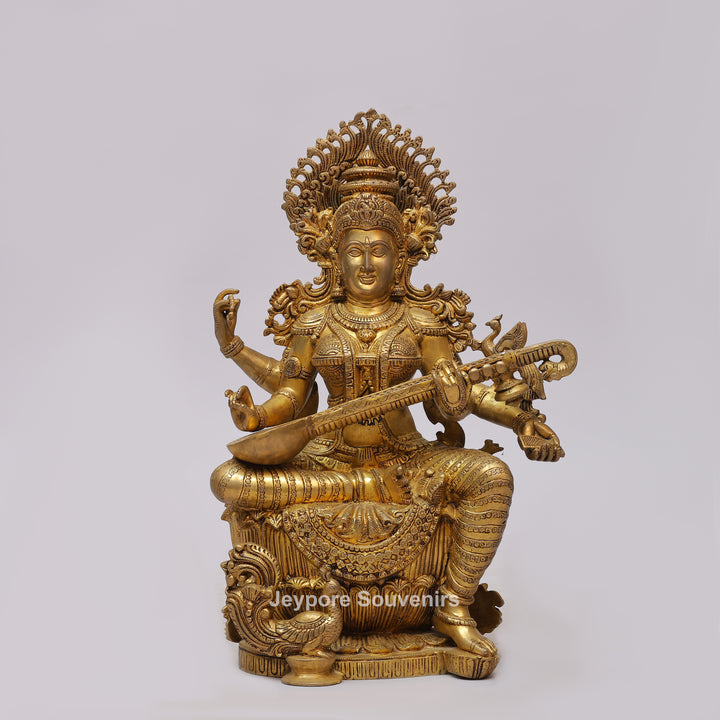Handcrafted Brass Goddess Saraswati Statue with Veena7 Hamsa Pedestal