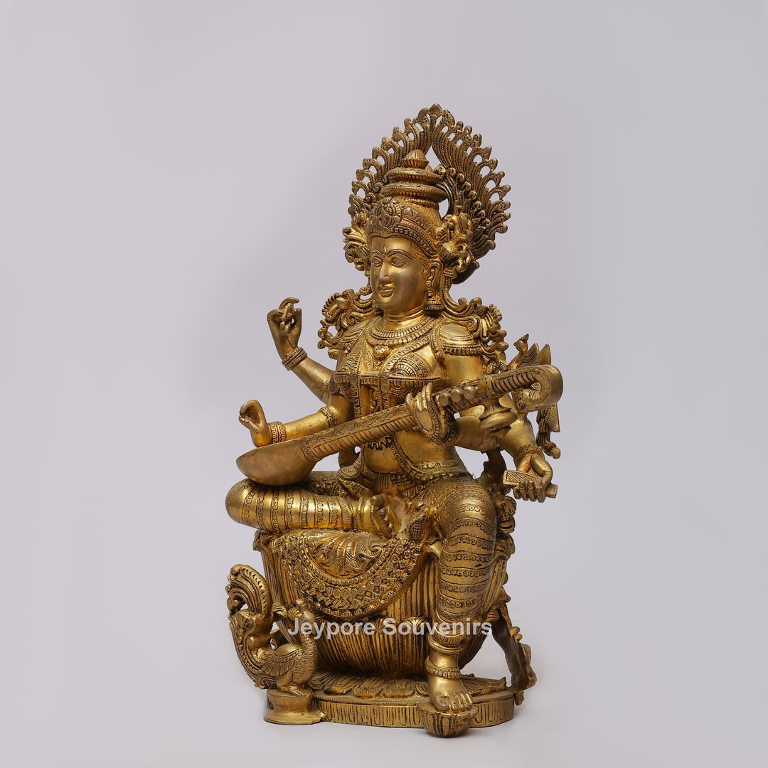 Handcrafted Brass Goddess Saraswati Statue with Veena7 Hamsa Pedestal