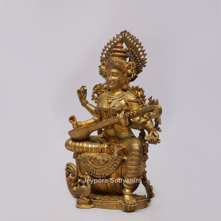 Handcrafted Brass Goddess Saraswati Statue with Veena7 Hamsa Pedestal