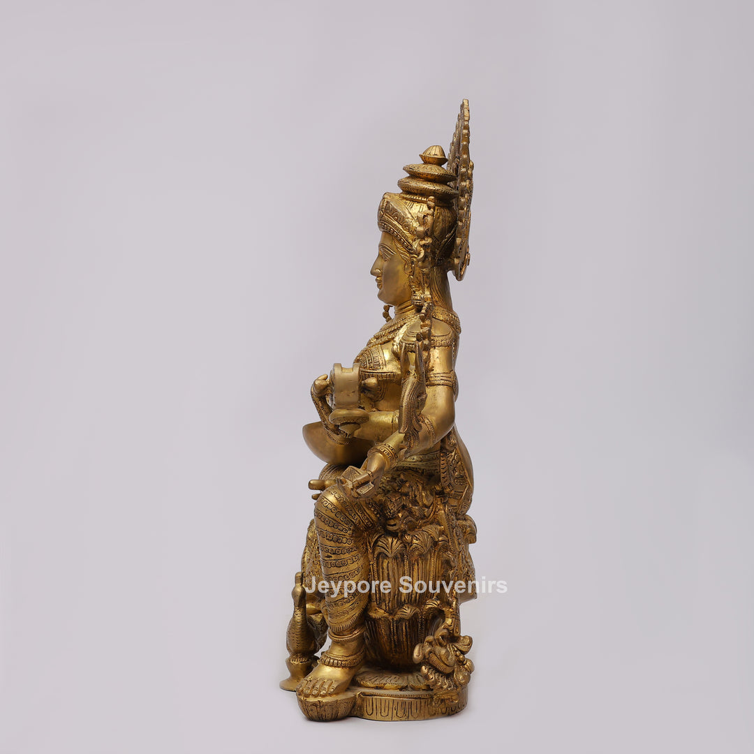 Handcrafted Brass Goddess Saraswati Statue with Veena7 Hamsa Pedestal