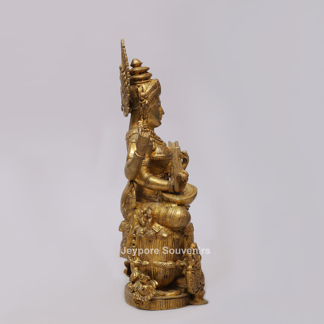 Handcrafted Brass Goddess Saraswati Statue with Veena7 Hamsa Pedestal