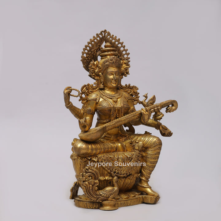 Handcrafted Brass Goddess Saraswati Statue with Veena7 Hamsa Pedestal