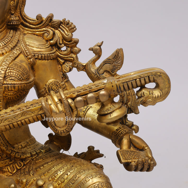 Handcrafted Brass Goddess Saraswati Statue with Veena7 Hamsa Pedestal