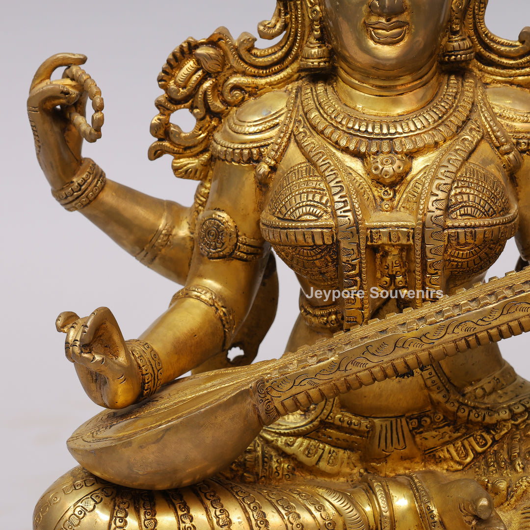 Handcrafted Brass Goddess Saraswati Statue with Veena7 Hamsa Pedestal