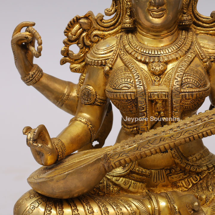 Handcrafted Brass Goddess Saraswati Statue with Veena7 Hamsa Pedestal