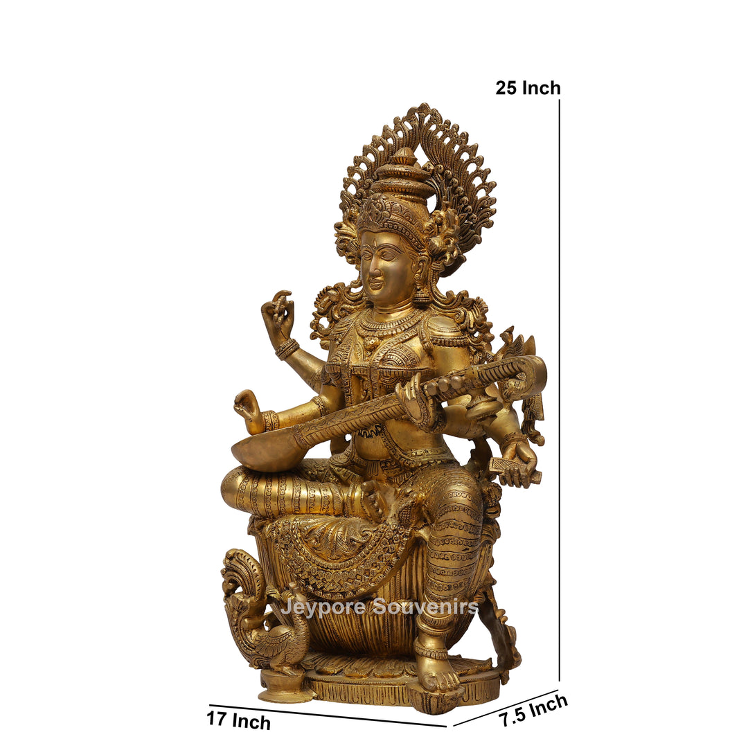 Handcrafted Brass Goddess Saraswati Statue with Veena7 Hamsa Pedestal