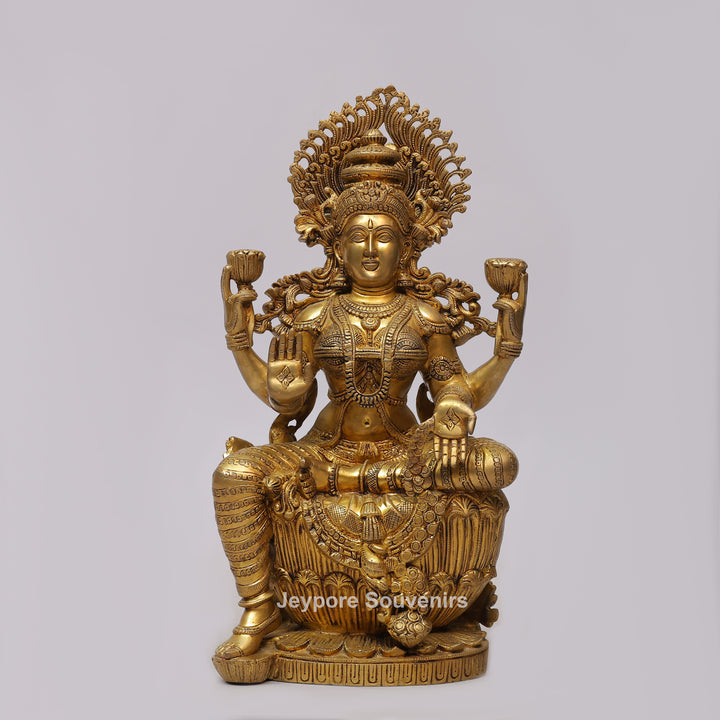 Handcrafted Brass Goddess Lakshmi Statue with Lotus Throne