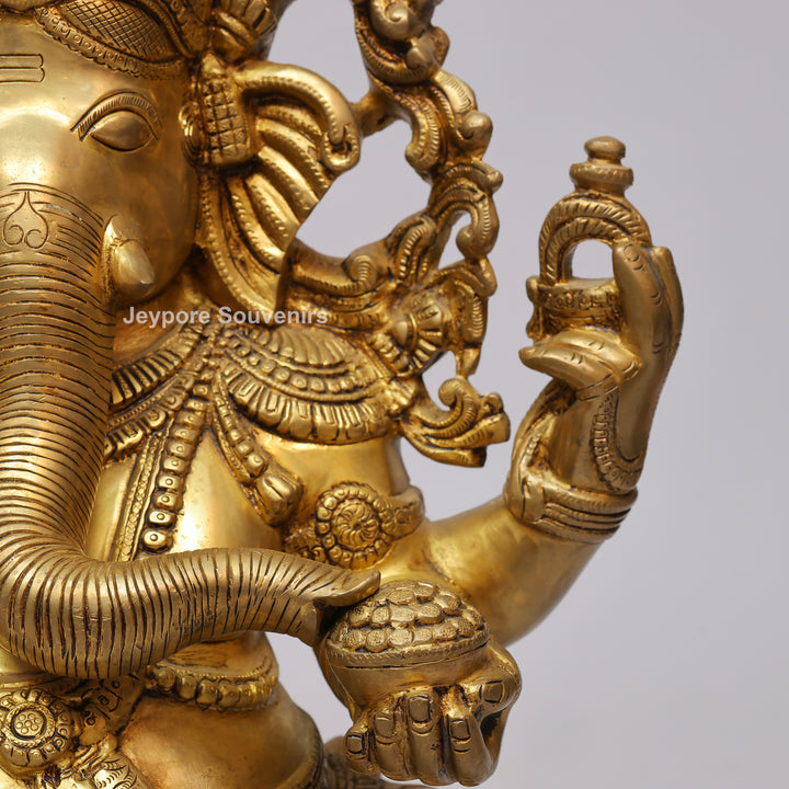 Handcrafted Brass Four-Armed Lord Ganesha Statue on Lotus Pedestal