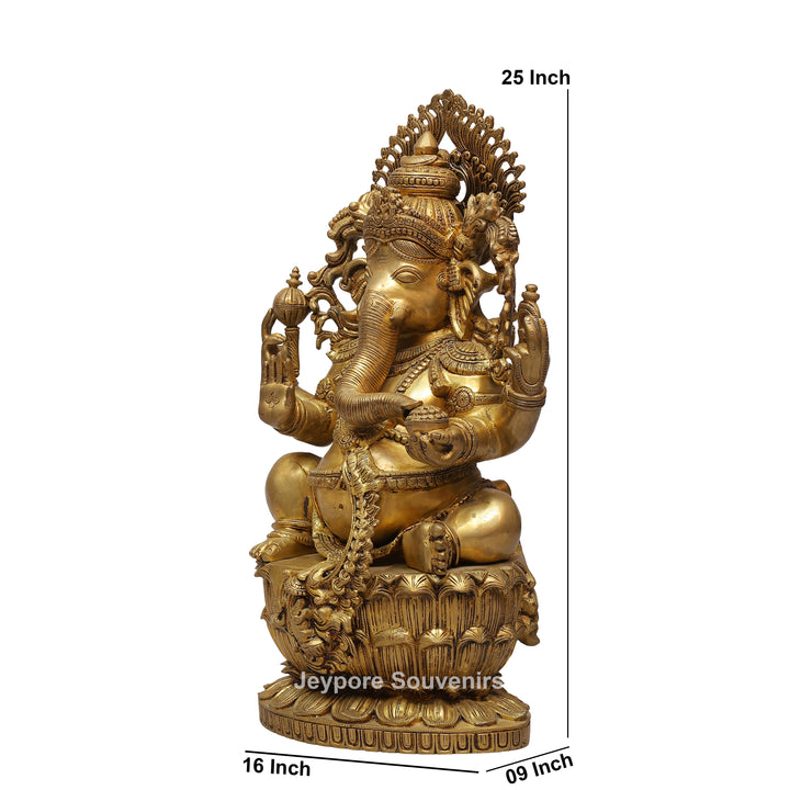 Handcrafted Brass Four-Armed Lord Ganesha Statue on Lotus Pedestal