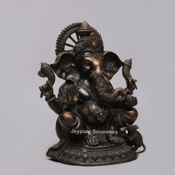 Handcrafted Seated Lord Ganesh Ji Statue with Mushika