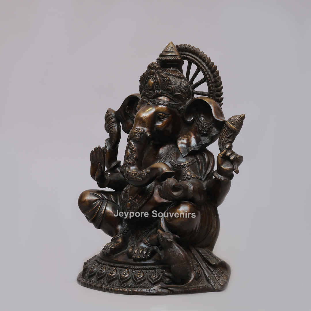 Handcrafted Seated Lord Ganesh Ji Statue with Mushika
