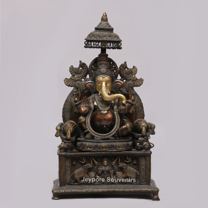 Lord Ganesha Brass Statue with Ornate Canopy &amp; Gaja Lakshmi Pedestal