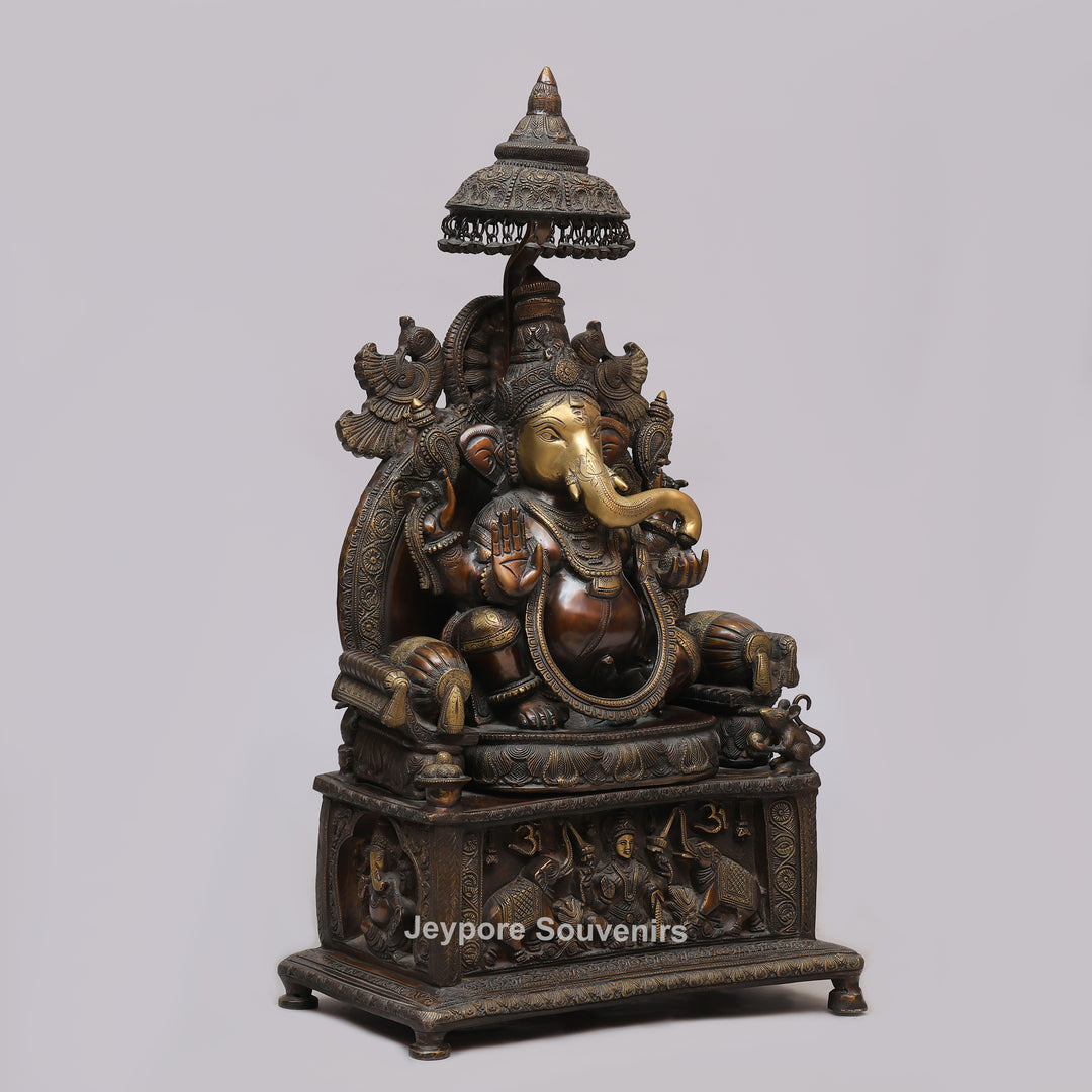 Lord Ganesha Brass Statue with Ornate Canopy &amp; Gaja Lakshmi Pedestal