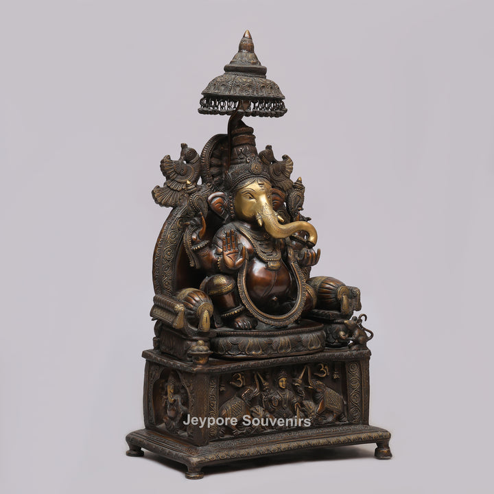 Lord Ganesha Brass Statue with Ornate Canopy &amp; Gaja Lakshmi Pedestal