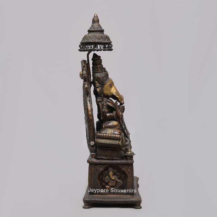 Lord Ganesha Brass Statue with Ornate Canopy &amp; Gaja Lakshmi Pedestal