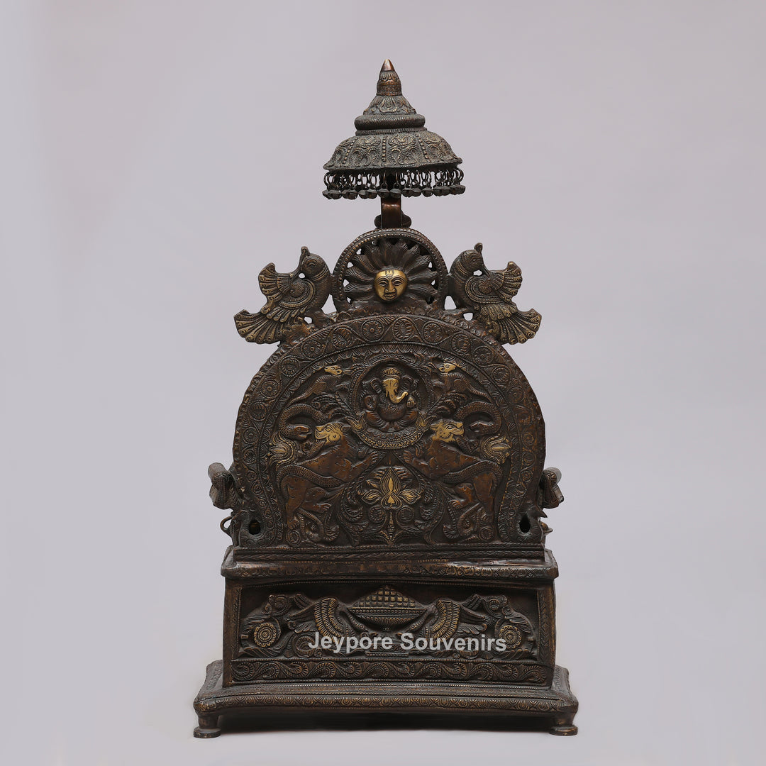 Lord Ganesha Brass Statue with Ornate Canopy &amp; Gaja Lakshmi Pedestal