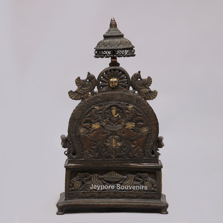 Lord Ganesha Brass Statue with Ornate Canopy &amp; Gaja Lakshmi Pedestal