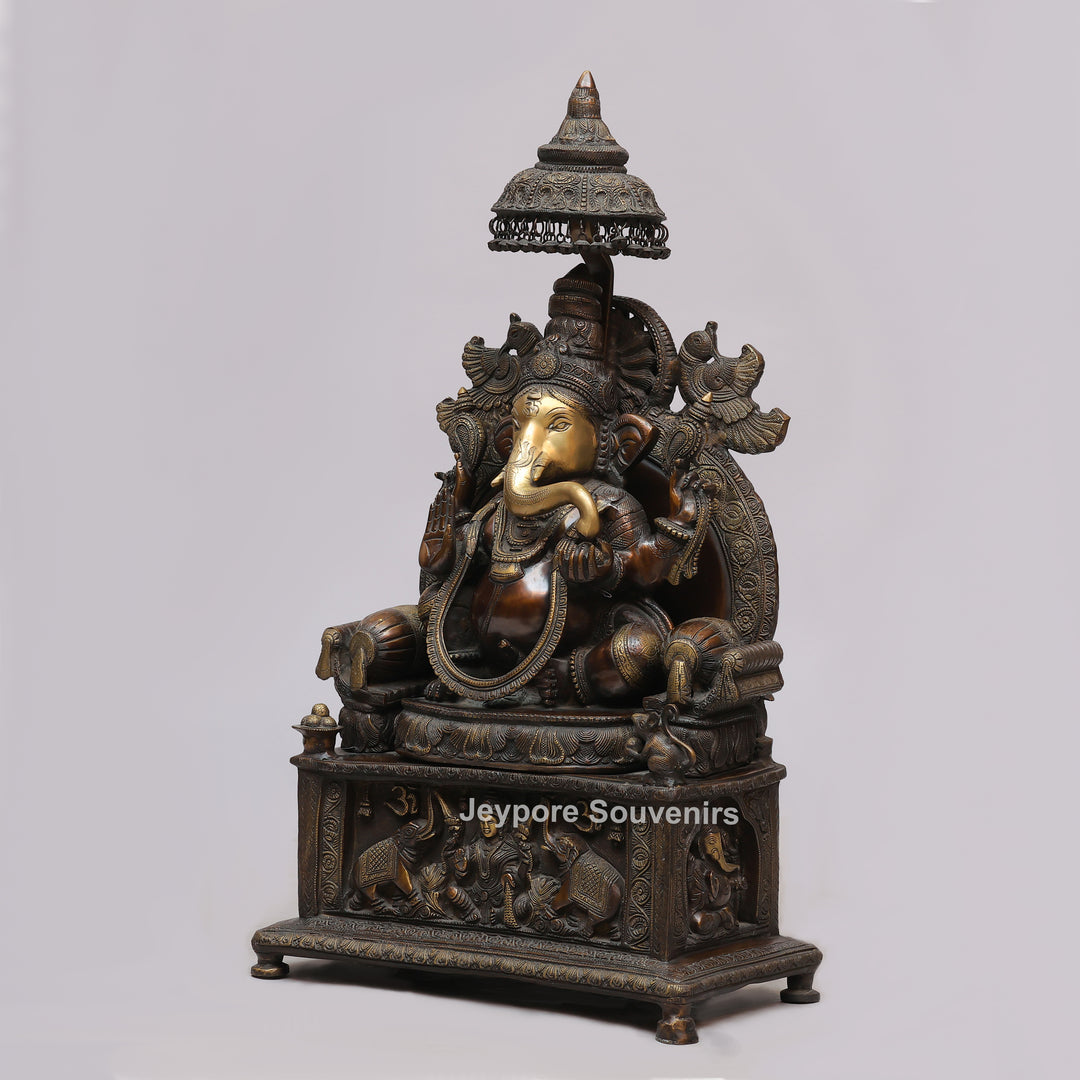 Lord Ganesha Brass Statue with Ornate Canopy &amp; Gaja Lakshmi Pedestal