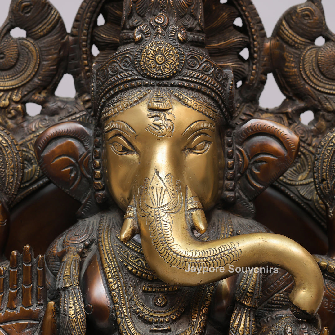 Lord Ganesha Brass Statue with Ornate Canopy &amp; Gaja Lakshmi Pedestal