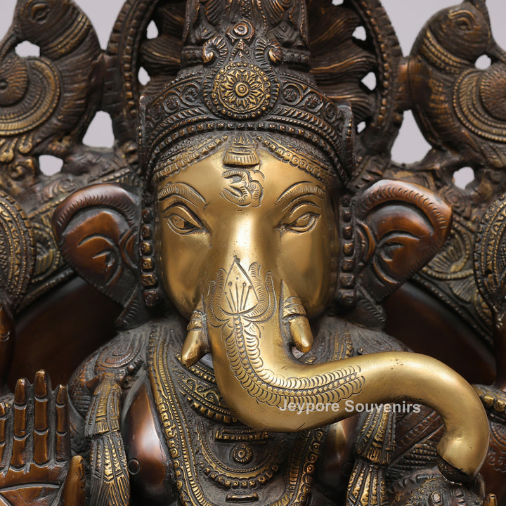 Lord Ganesha Brass Statue with Ornate Canopy &amp; Gaja Lakshmi Pedestal