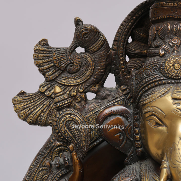 Lord Ganesha Brass Statue with Ornate Canopy &amp; Gaja Lakshmi Pedestal