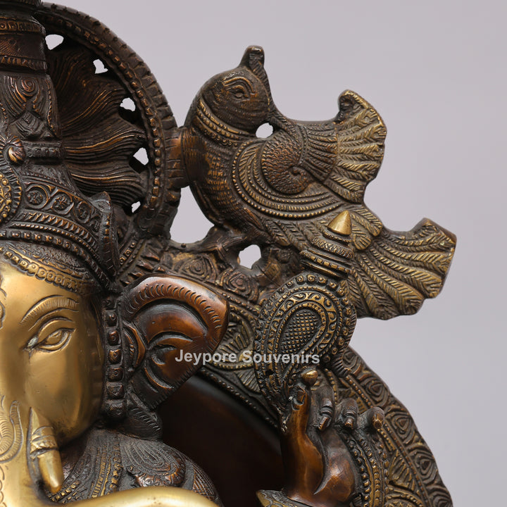 Lord Ganesha Brass Statue with Ornate Canopy &amp; Gaja Lakshmi Pedestal