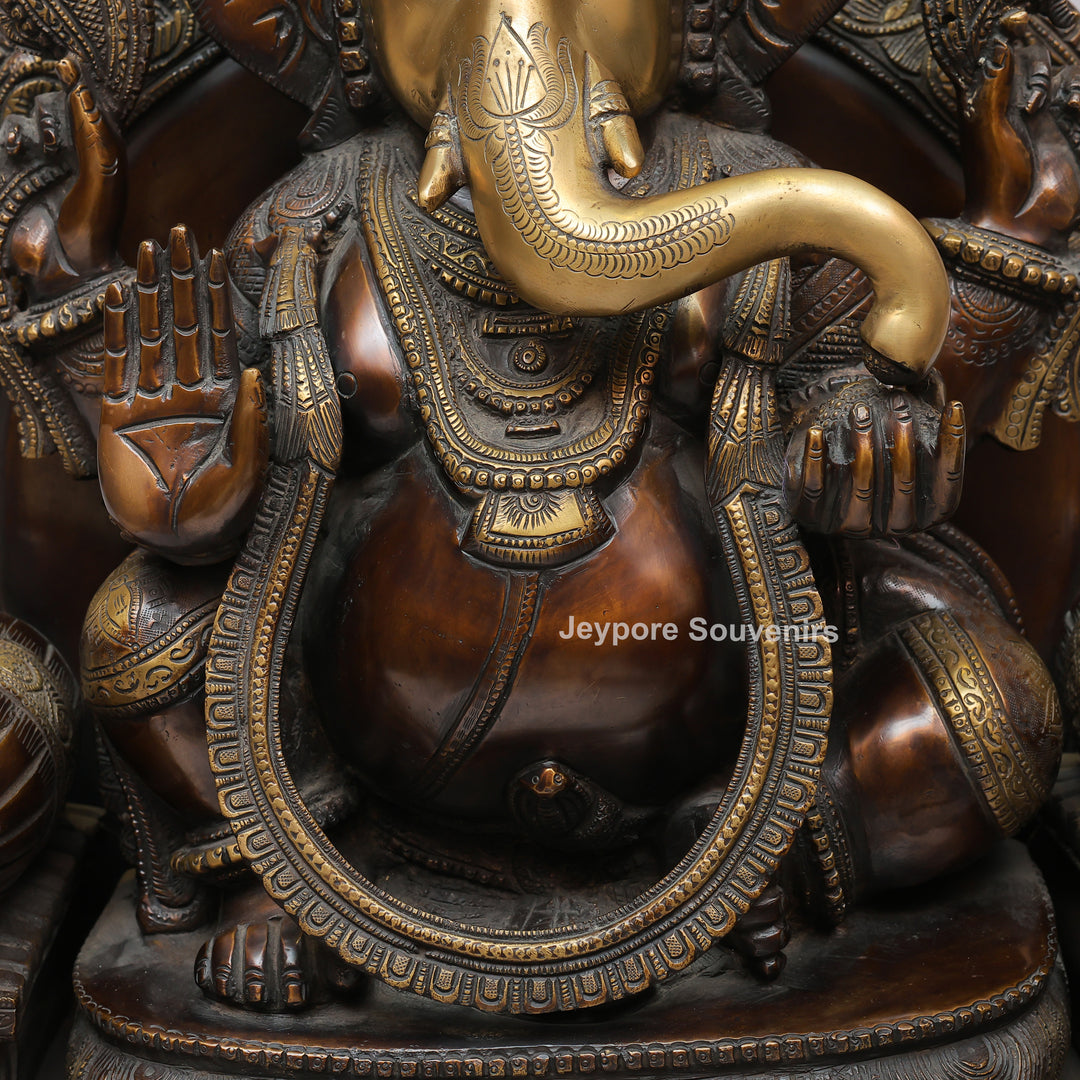 Lord Ganesha Brass Statue with Ornate Canopy &amp; Gaja Lakshmi Pedestal