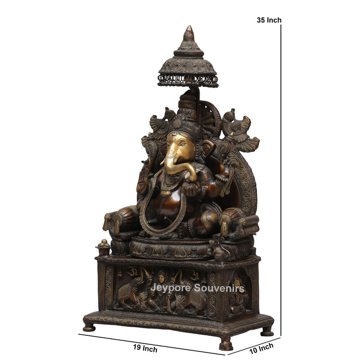 Lord Ganesha Brass Statue with Ornate Canopy &amp; Gaja Lakshmi Pedestal