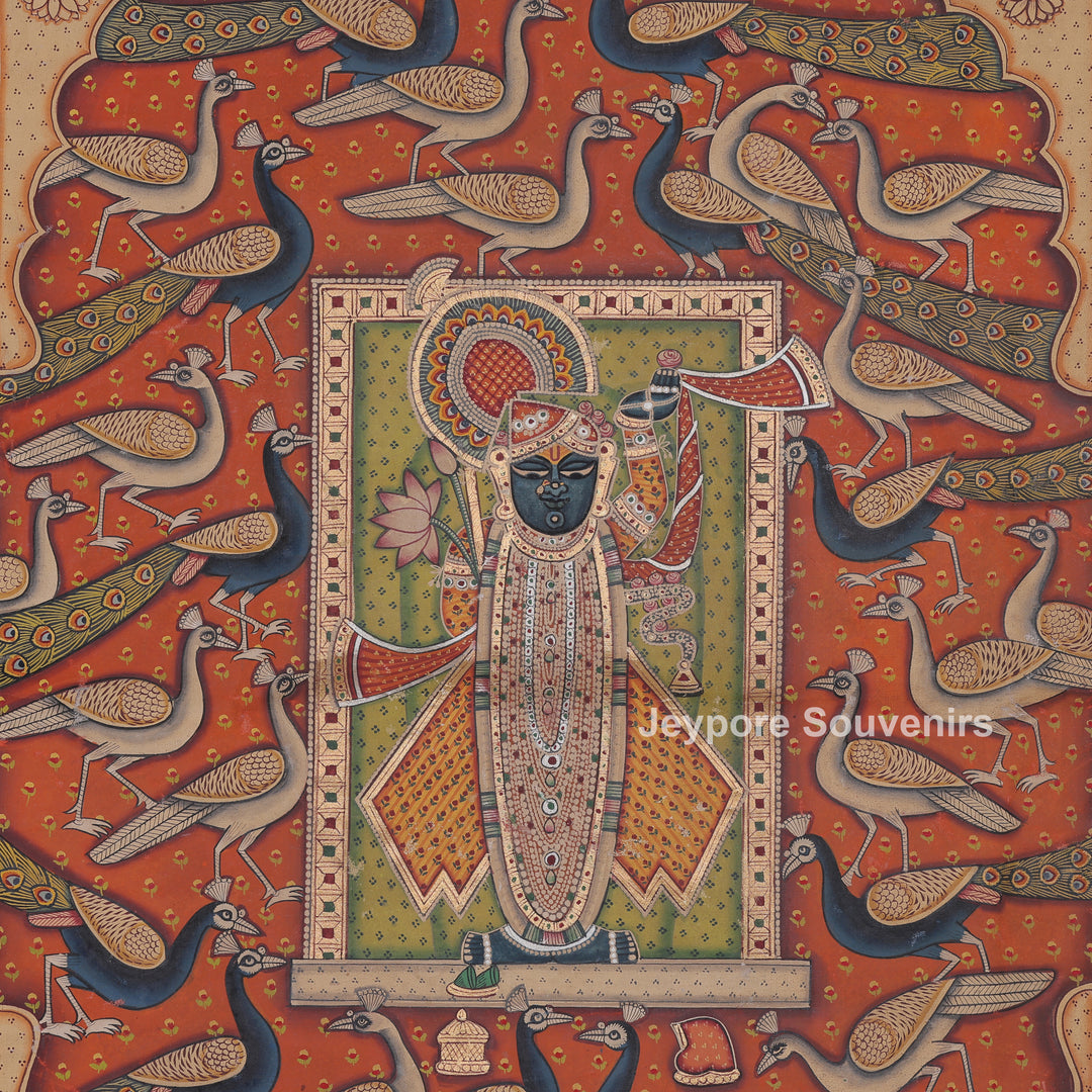 Shrinathji Surrounded by Peacocks - Pichwai Painting
