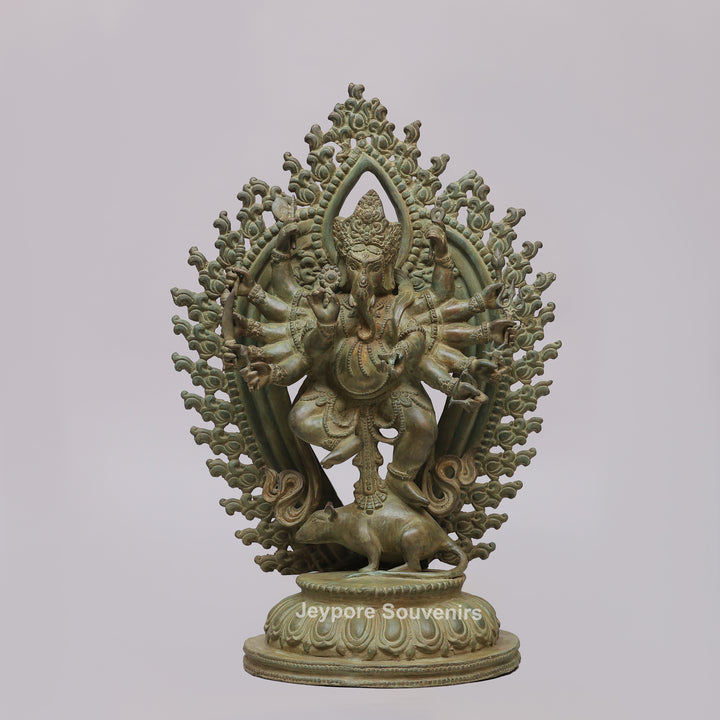 Handcrafted 12-Armed Dancing Lord Ganesha Brass Statue