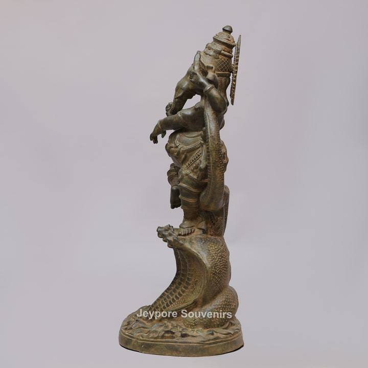 Antique Brass Dancing Lord Ganesha on Multi-Headed Serpent