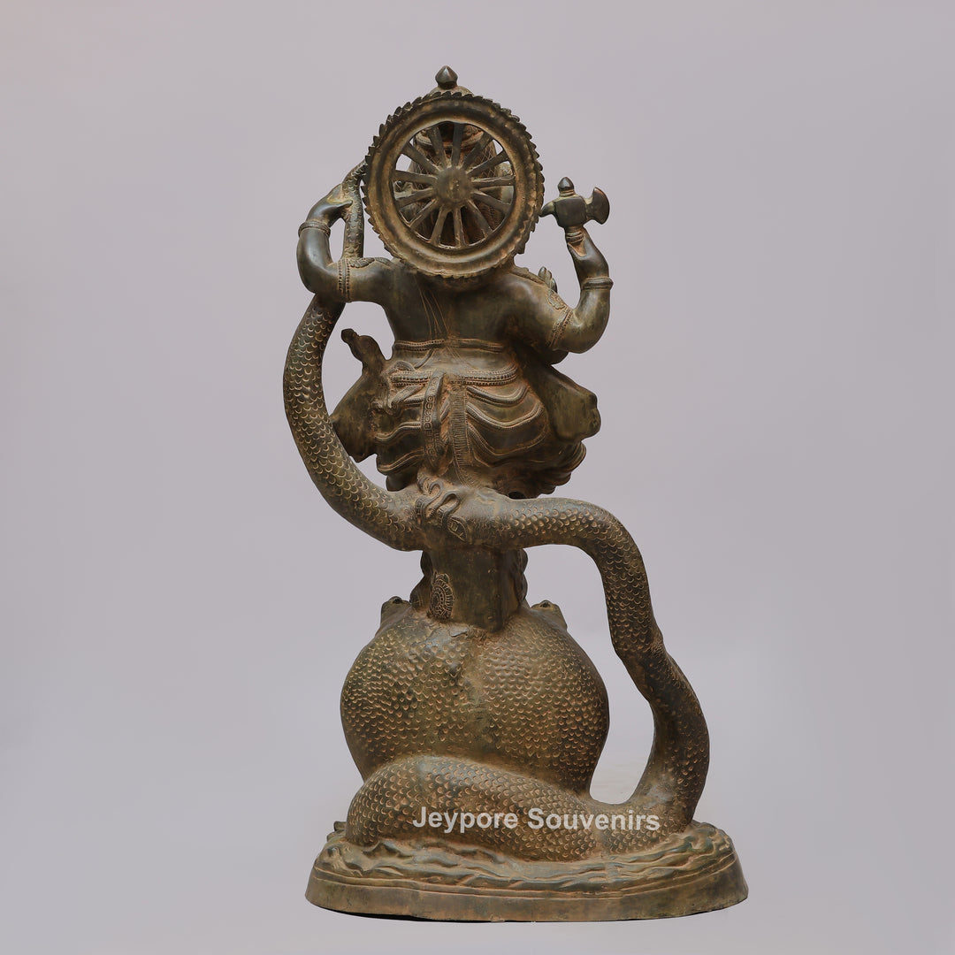 Antique Brass Dancing Lord Ganesha on Multi-Headed Serpent