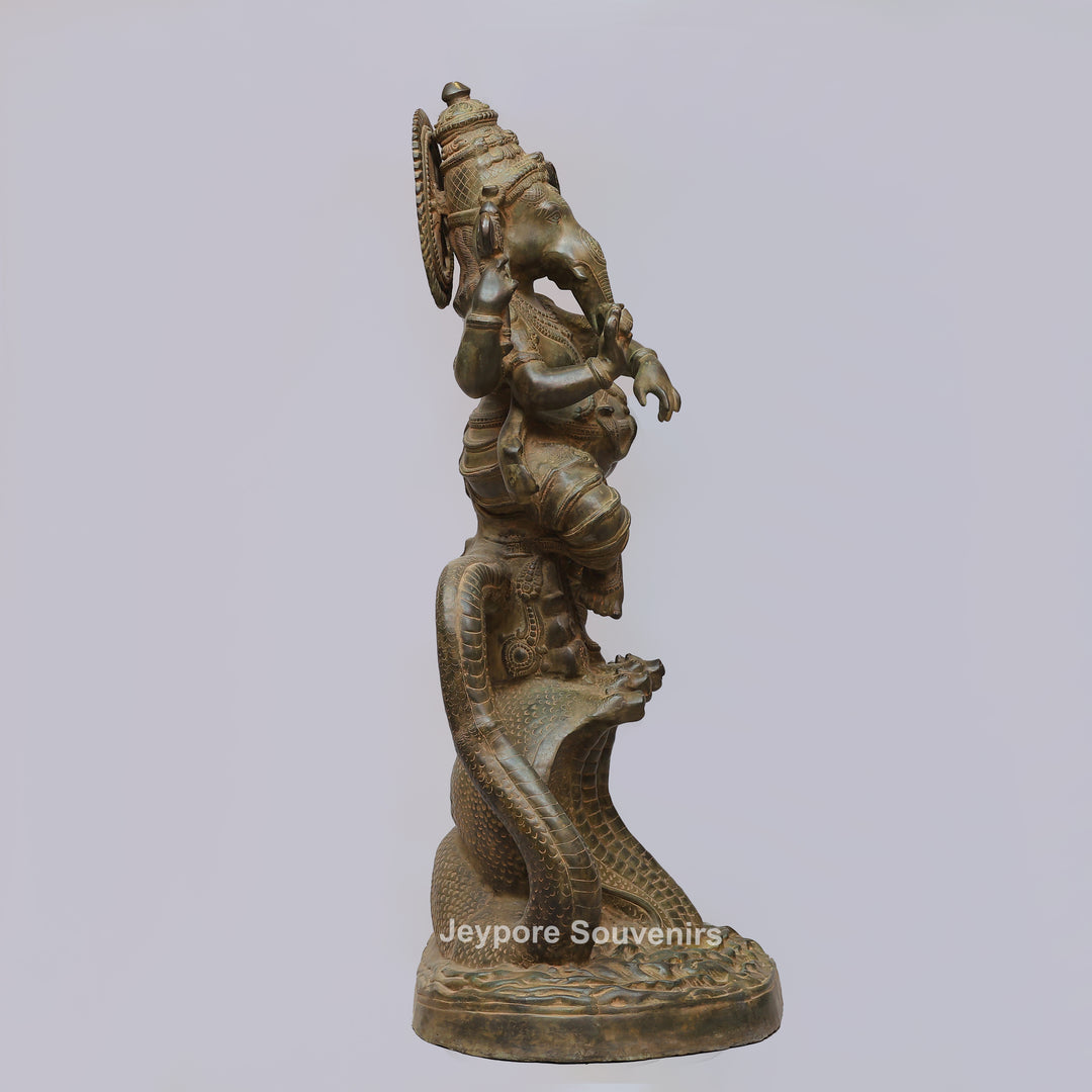 Antique Brass Dancing Lord Ganesha on Multi-Headed Serpent