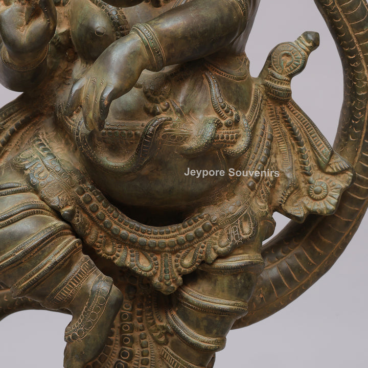Antique Brass Dancing Lord Ganesha on Multi-Headed Serpent