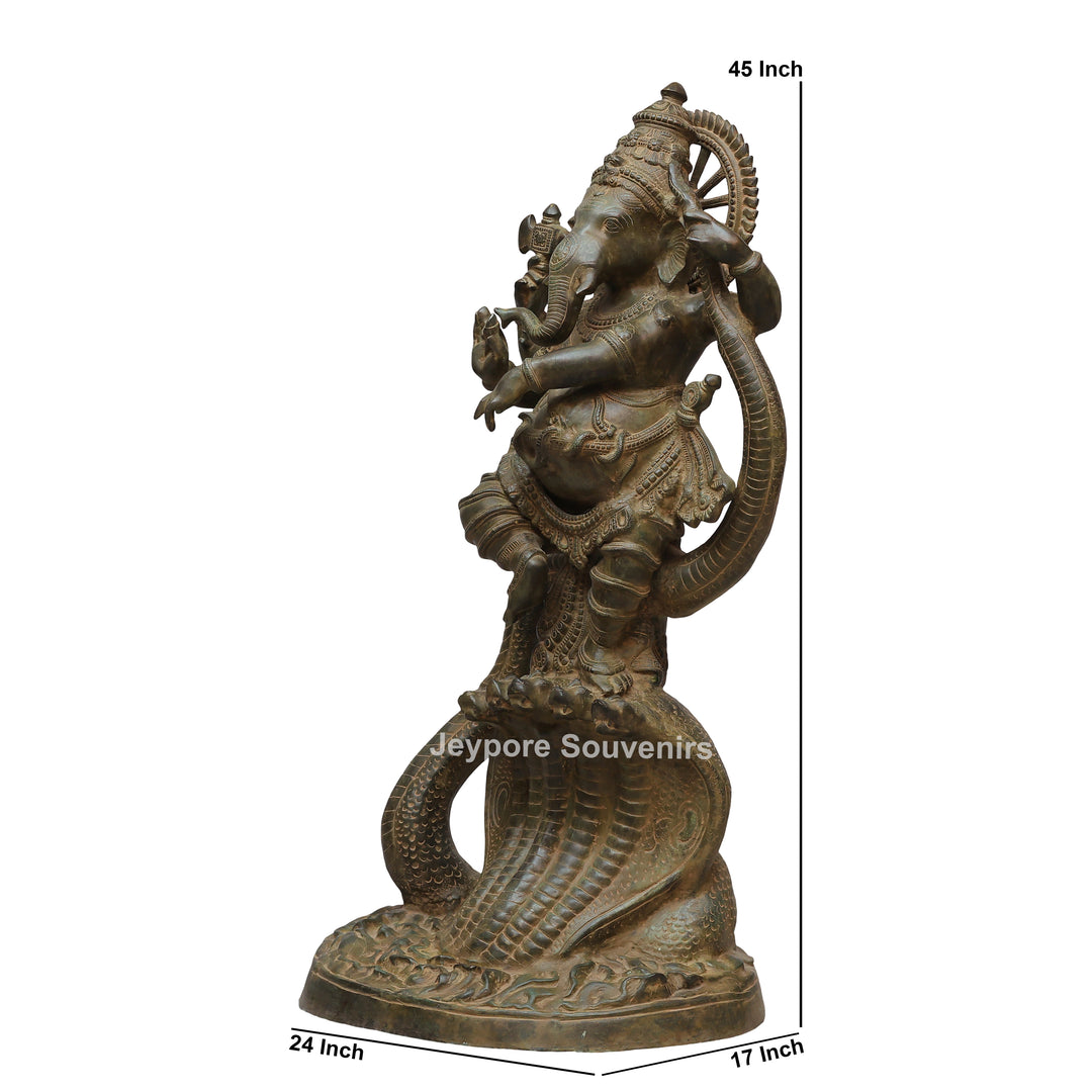 Antique Brass Dancing Lord Ganesha on Multi-Headed Serpent