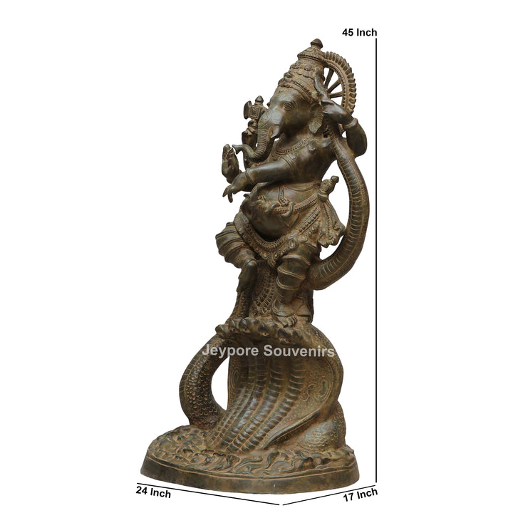 Antique Brass Dancing Lord Ganesha on Multi-Headed Serpent