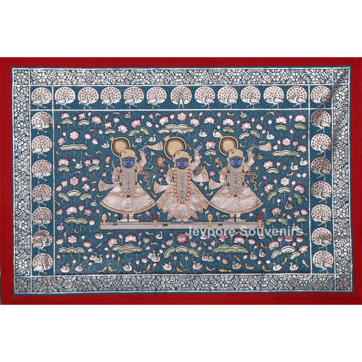 Three Divine Figures Shrinathji Lotus Garden - Pichwai
