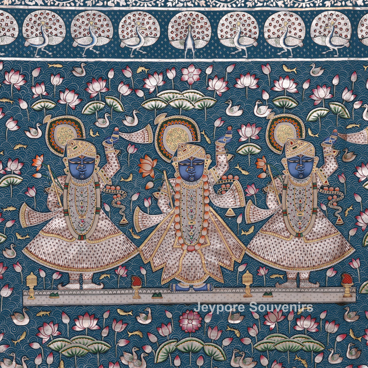 Three Divine Figures Shrinathji Lotus Garden - Pichwai