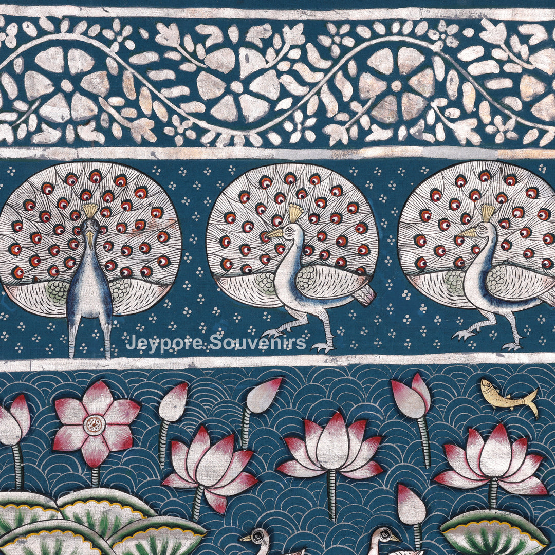 Three Divine Figures Shrinathji Lotus Garden - Pichwai