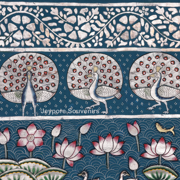 Three Divine Figures Shrinathji Lotus Garden - Pichwai