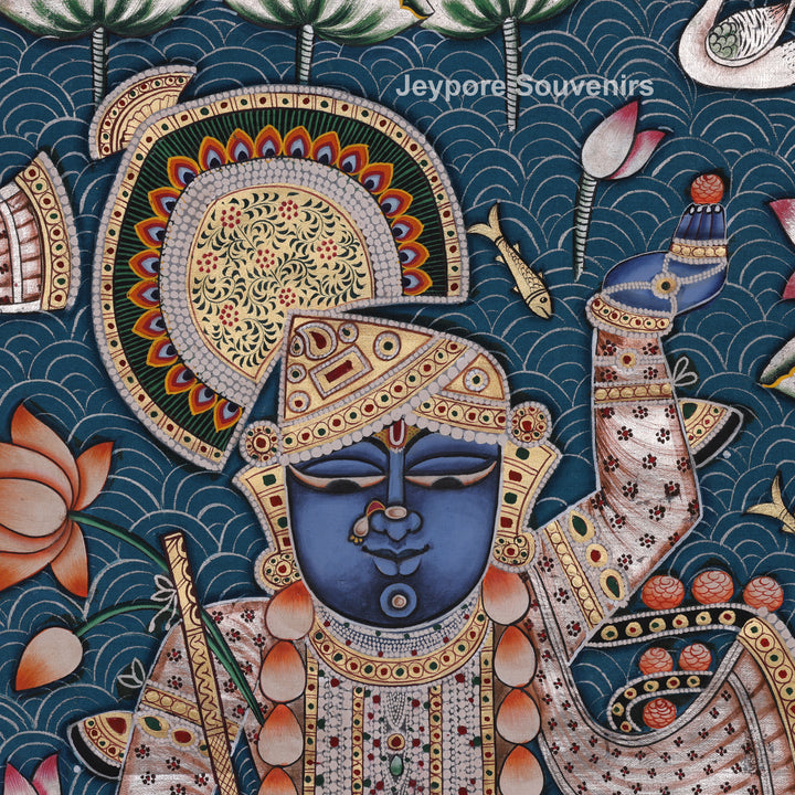 Three Divine Figures Shrinathji Lotus Garden - Pichwai
