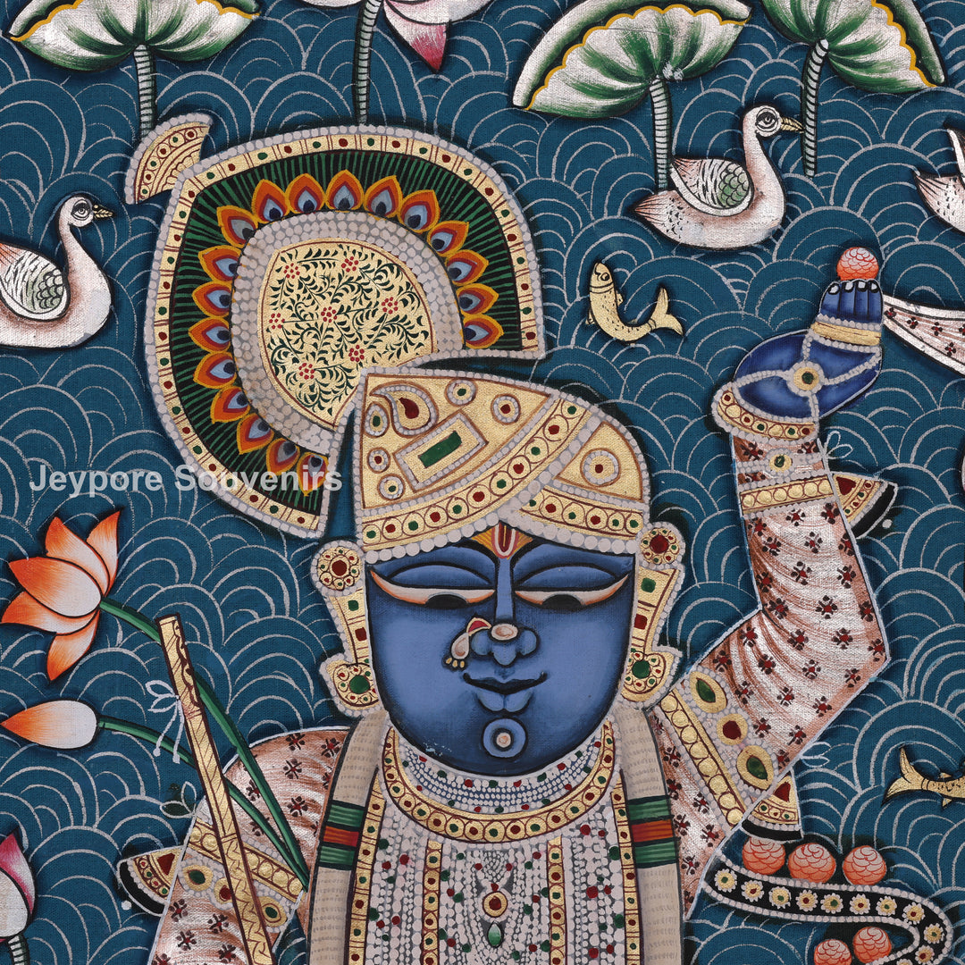 Three Divine Figures Shrinathji Lotus Garden - Pichwai