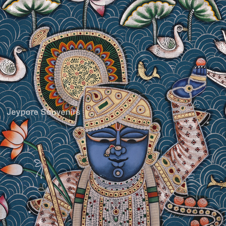 Three Divine Figures Shrinathji Lotus Garden - Pichwai