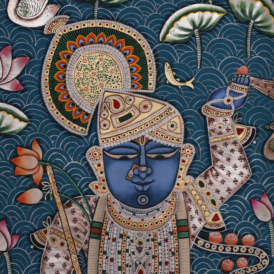 Three Divine Figures Shrinathji Lotus Garden - Pichwai