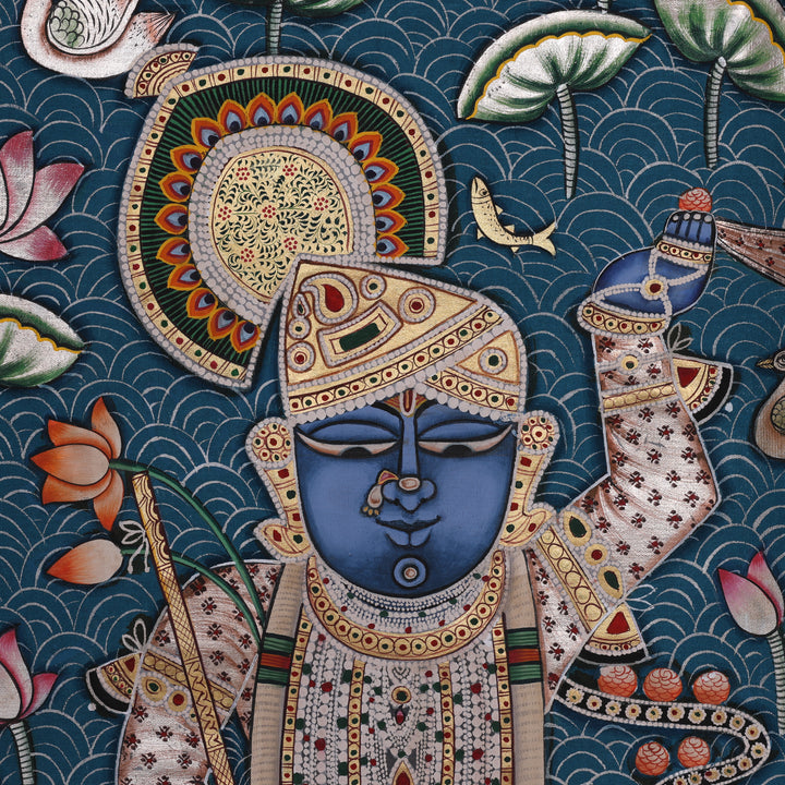 Three Divine Figures Shrinathji Lotus Garden - Pichwai