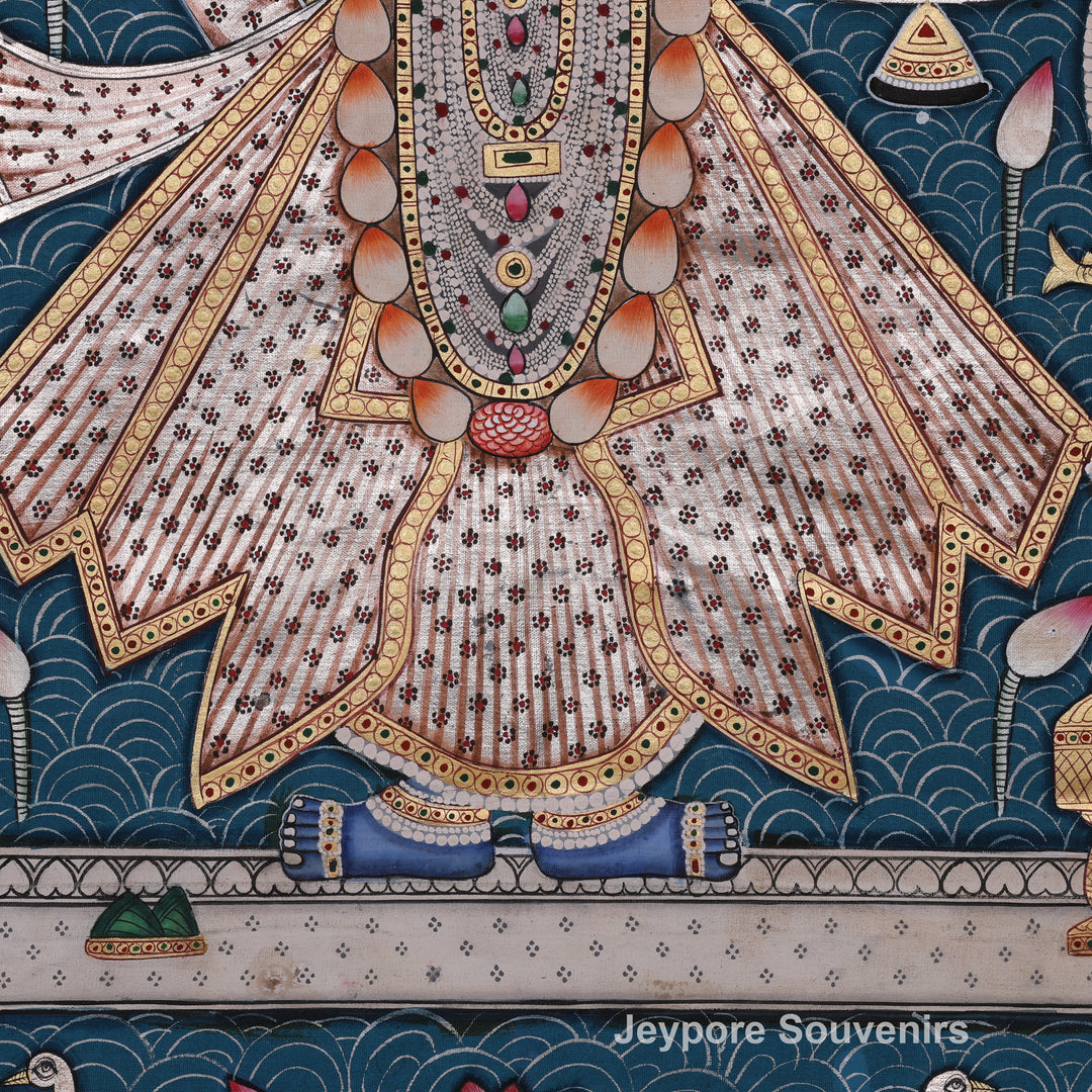 Three Divine Figures Shrinathji Lotus Garden - Pichwai