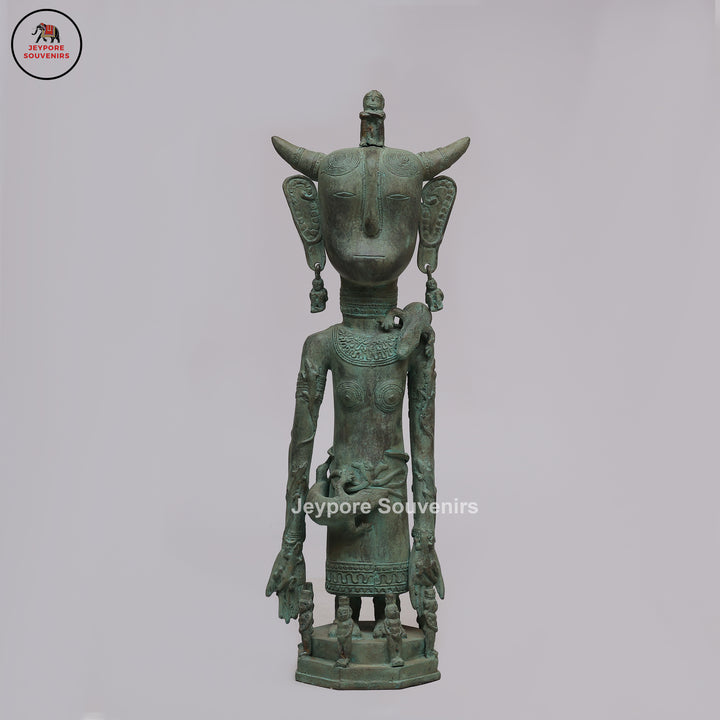 Vintage Tribal Brass Guardian Sculpture with Green Patina &amp; Attendant Figures