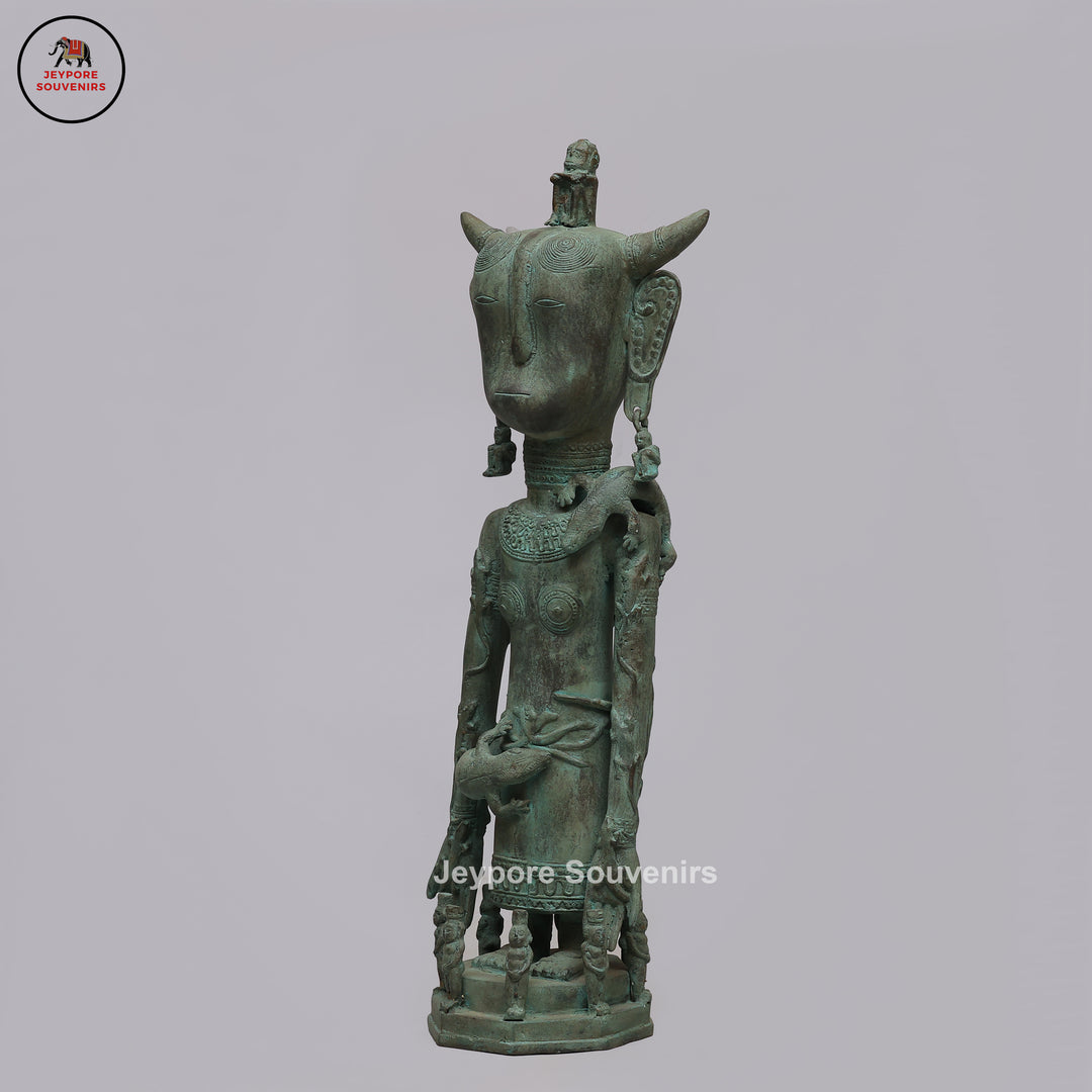 Vintage Tribal Brass Guardian Sculpture with Green Patina &amp; Attendant Figures