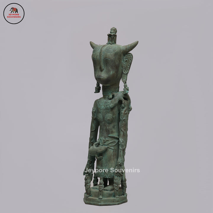 Vintage Tribal Brass Guardian Sculpture with Green Patina &amp; Attendant Figures