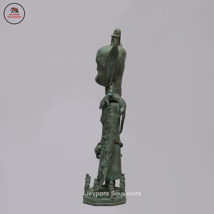 Vintage Tribal Brass Guardian Sculpture with Green Patina &amp; Attendant Figures